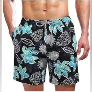 Men's Quick Dry Tropical Beach Shorts Swimsuit Swimwear Swim Trunks, Black/Teal